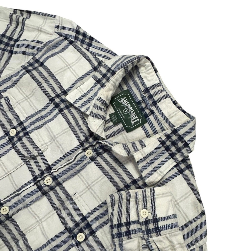 American Eagle Flannel Shirt Cozy Navy Blue White Plaid Outdoorsy M